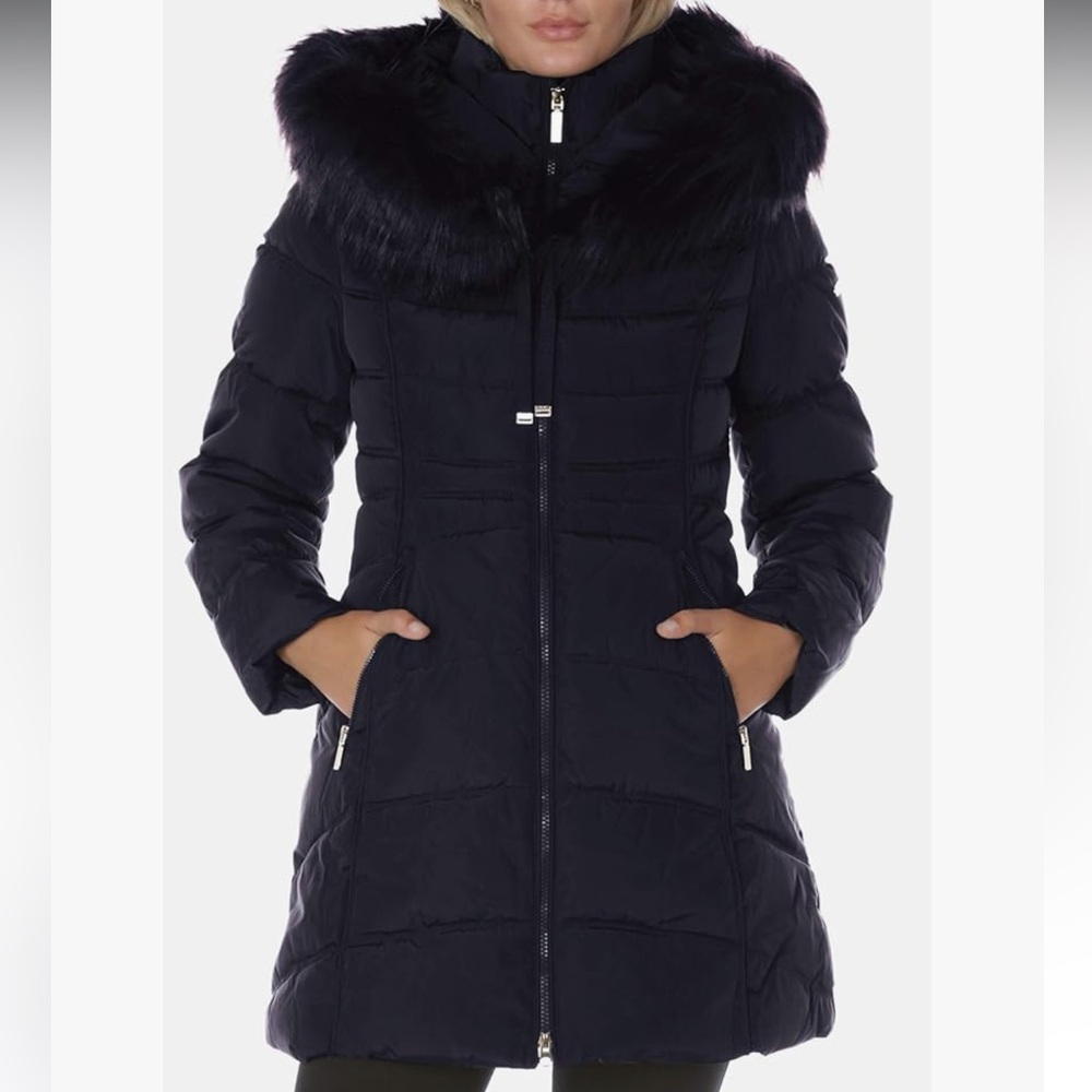 🖤 Laundry by Shelli Segal Black Puffer Coat w/  Faux Fur Hood – Size L